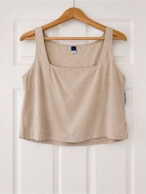 Old Navy Beige Square-Neck Cropped Linen Blend Tank Top